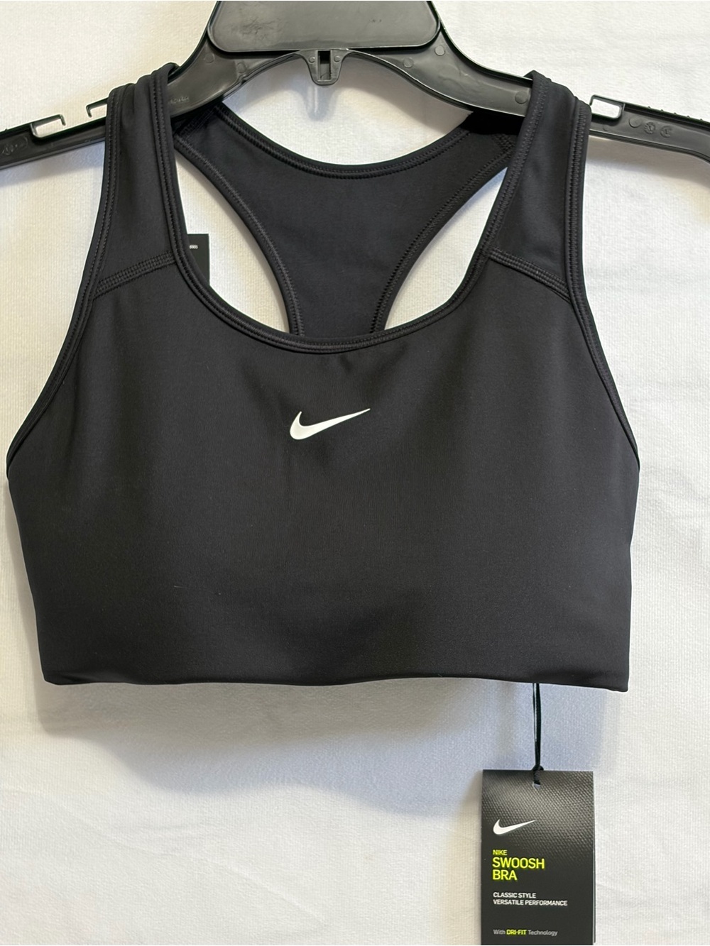 Nike Black Swoosh Racerback Sports Bra with White Logo